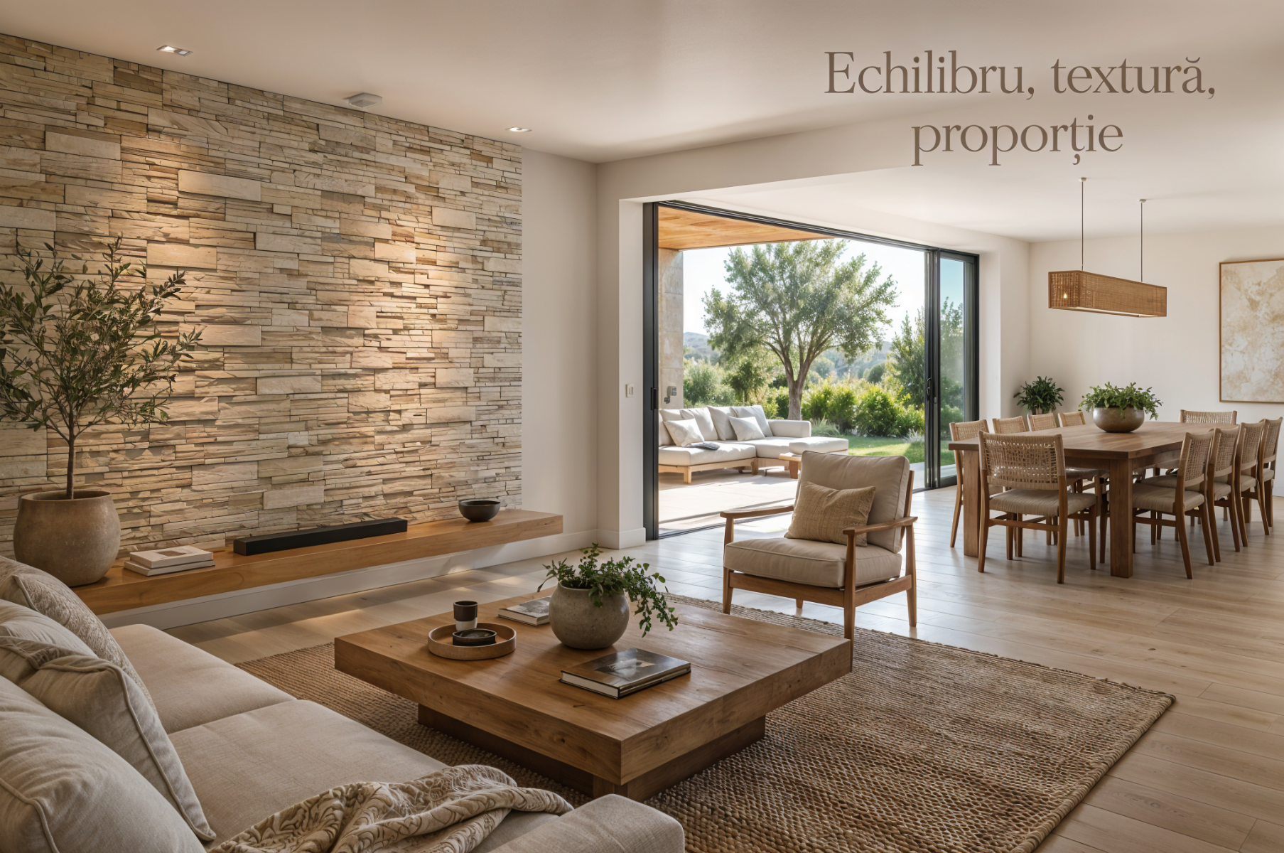 Amenajare interioară echilibrată cu piatră decorativă și cărămidă aparentă MODULO