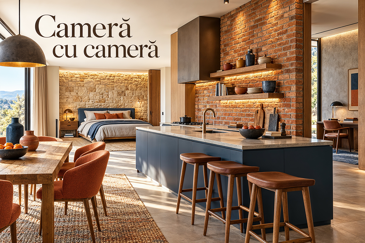 Amenajare cu piatră decorativă și cărămidă aparentă pentru bucătărie, dormitor și birou
