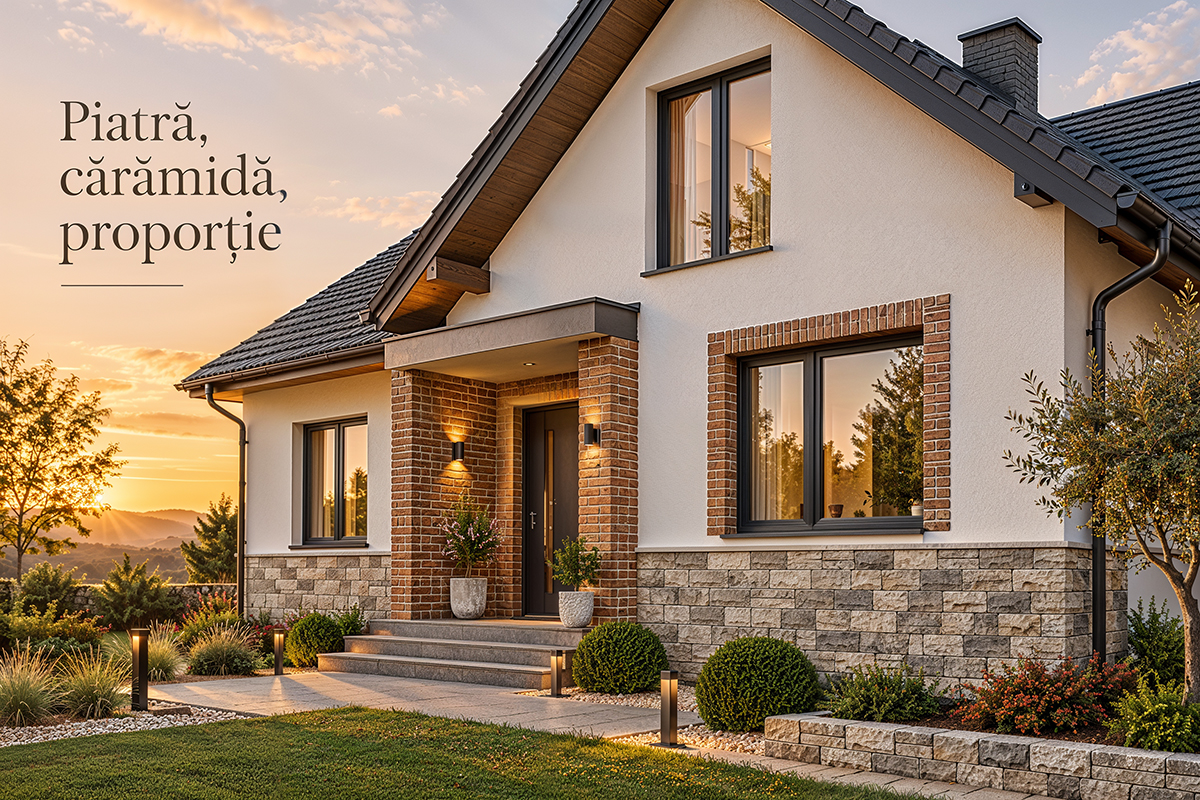 Fațada casei cu piatră decorativă și cărămidă aparentă pentru exterior