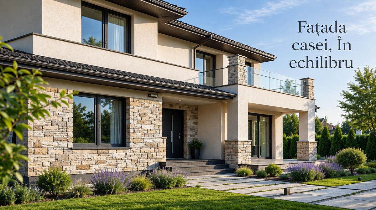 Fațada casei cu piatră decorativă și cărămidă aparentă pentru exterior