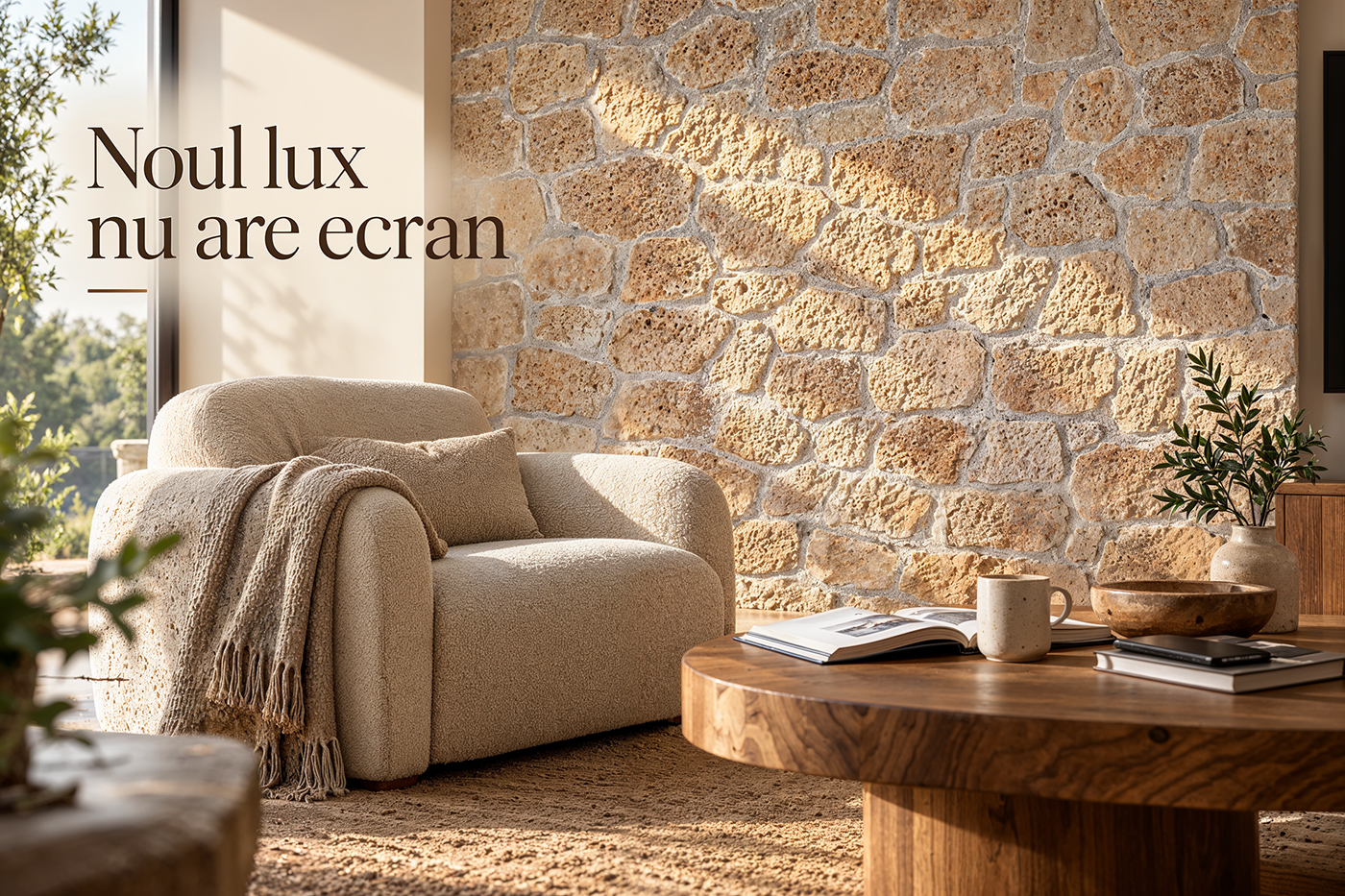 Living modern cu perete din piatră decorativă texturată într-un interior fără ecrane dominante