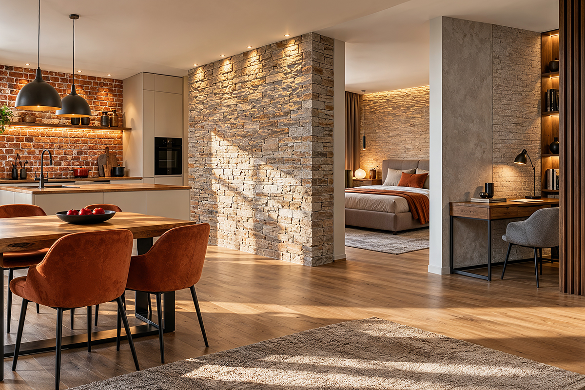Piatră decorativă și cărămidă aparentă pentru amenajarea bucătăriei, dormitorului și biroului de acasă