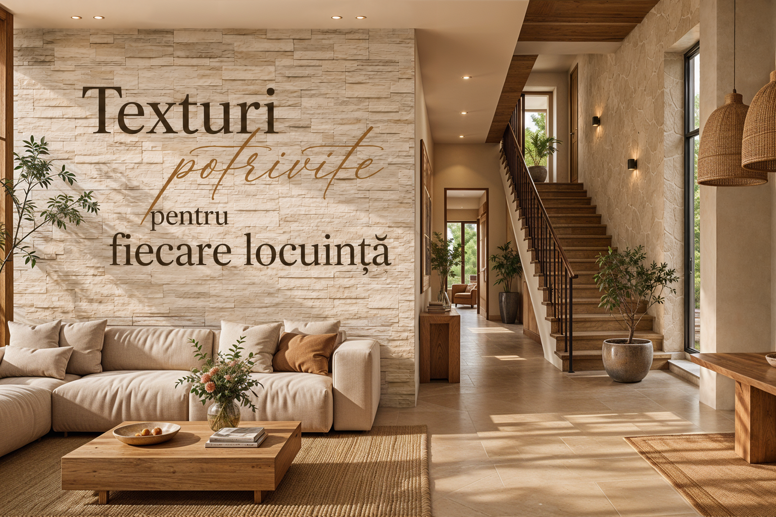 Piatra decorativă și cărămida aparentă distribuite echilibrat într-o locuință modernă