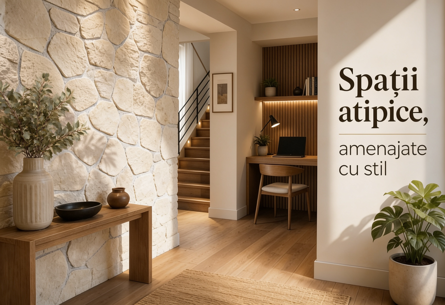 Spații atipice amenajate cu piatră decorativă și cărămidă aparentă