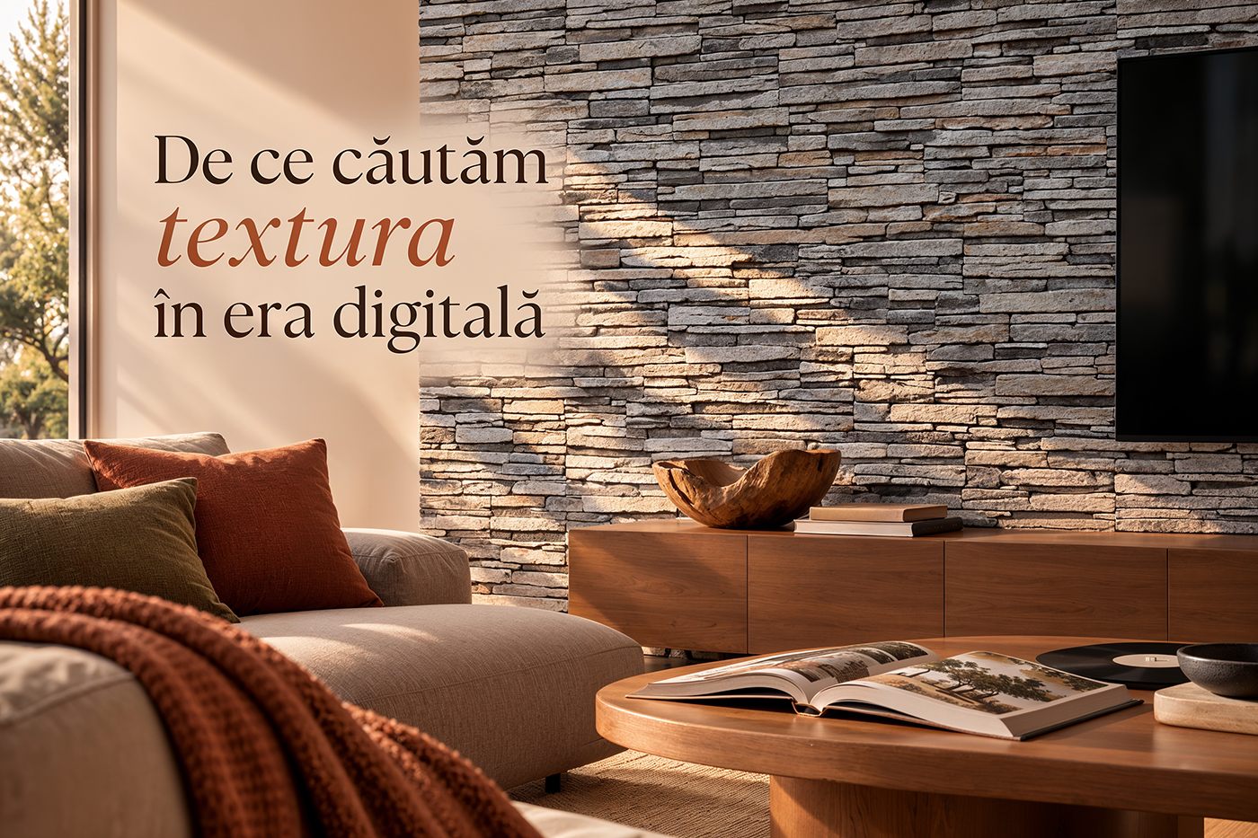 Contrast între un ecran digital și un perete din piatră decorativă cu textură naturală într-un living modern