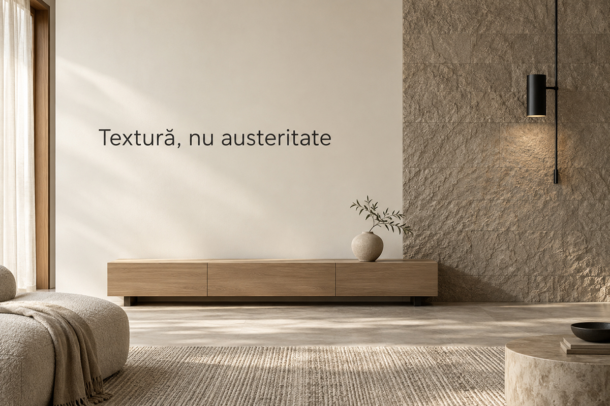 Living minimalist cald cu perete accent din piatră decorativă în tonuri neutre